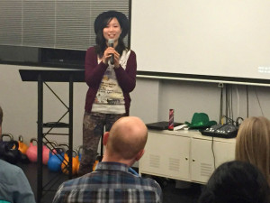 Miya Zhang presenting Connect local businesses to provide students garbage for art